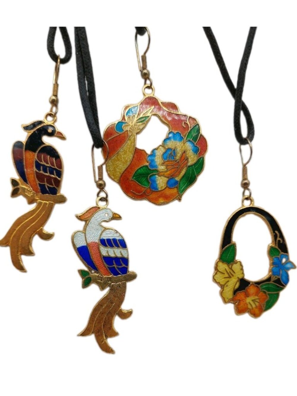 Cloisonné Enamel Bird & Floral Pendant Gold Tone Cord Necklace Set Of 4